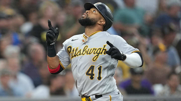 Jul 24, 2023; San Diego, California, USA;  Pittsburgh Pirates first baseman Carlos Santana (41)