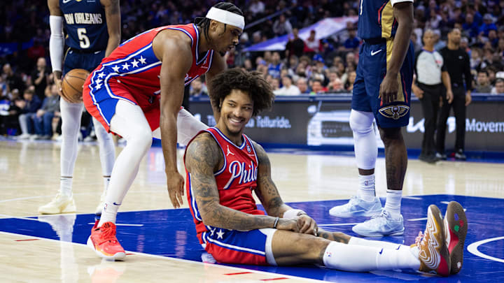 Jan 10, 2025; Philadelphia, Pennsylvania, USA; Philadelphia 76ers guard Kelly Oubre Jr. (9) reacts after drawing a foul against the New Orleans Pelicans during the second quarter at Wells Fargo Center. Mandatory Credit: Bill Streicher-Imagn Images