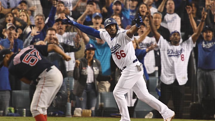 Oct 27, 2018; Los Angeles, CA, USA; Los Angeles Dodgers outfielder Yasiel Puig (66) celebrates after hitting a three-run home run off of Boston Red Sox pitcher Eduardo Rodriguez (57) in the sixth inning in game four of the 2018 World Series at Dodger Stadium. Mandatory Credit: Robert Hanashiro-Imagn Images Oct 27, 2018; Los Angeles, CA, USA; Los Angeles Dodgers outfielder Yasiel Puig (66) celebrates after hitting a three-run home run off of Boston Red Sox pitcher Eduardo Rodriguez (57) in the sixth inning in game four of the 2018 World Series at Dodger Stadium. Mandatory Credit: Robert Hanashiro-Imagn Images