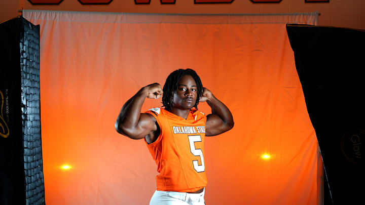 Oklahoma State linebacker Bryan McCoy Jr. poses for a photograph during the Oklahoma State Cowboys football media days in Gallagher-Iba Arena in Stillwater, Oklahoma, Saturday, Aug., 2, 2025. Oklahoma State linebacker Bryan McCoy Jr. poses for a photograph during the Oklahoma State Cowboys football media days in Gallagher-Iba Arena in Stillwater, Oklahoma, Saturday, Aug., 2, 2025.
