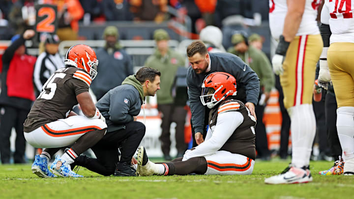 Nov 30, 2025; Cleveland, Ohio, USA;  Cleveland Browns defensive tackle Maliek Collins (96) reacts after an injury during the second half against the San Francisco 49ers at Huntington Bank Field. Mandatory Credit: Scott Galvin-Imagn Images