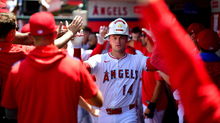 Jun 22, 2025; Anaheim, California, USA; Los Angeles Angels catcher Logan O'Hoppe (14) celebrates after hitting a two run home run against the Houston Astros during the fourth inning at Angel Stadium. Mandatory Credit: Gary A. Vasquez-Imagn Images