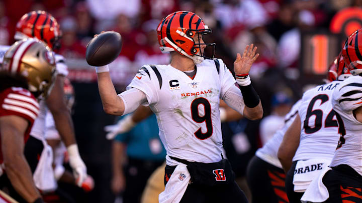 Cincinnati Bengals quarterback Joe Burrow (9) throws a pass in the third quarter of the NFL game