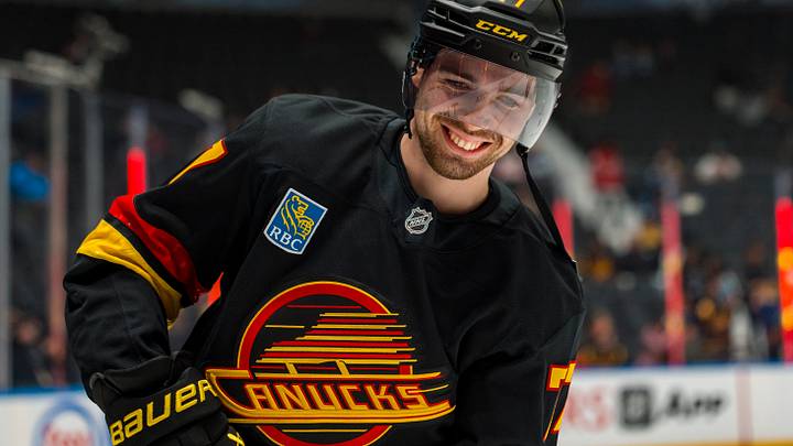 Oct 22, 2026; Vancouver, British Columbia, CAN;  Vancouver Canucks forward Filip Chytil (77) smiles in warm up prior to a game against the Detroit Red Wings at Rogers Arena.  Mandatory Credit: Bob Frid-Imagn Images