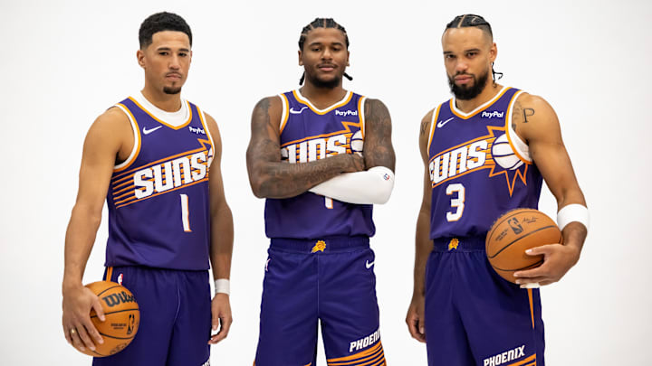 Sep 24, 2025; Phoenix, AZ, USA; Phoenix Suns guard Devin Booker (1), forward Dillon Brooks (3) and guard Jalen Green (4) pose for portrait during Media Day at PHX Arena. Mandatory Credit: Mark J. Rebilas-Imagn Images Sep 24, 2025; Phoenix, AZ, USA; Phoenix Suns guard Devin Booker (1), forward Dillon Brooks (3) and guard Jalen Green (4) pose for portrait during Media Day at PHX Arena. Mandatory Credit: Mark J. Rebilas-Imagn Images