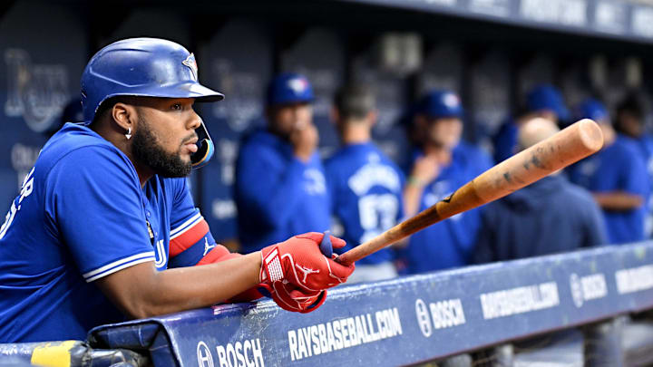 Sep 20, 2024; St. Petersburg, Florida, USA; Toronto Blue Jays first baseman Vladimir Guerrero Jr. (27) prepares for the start of the game against the Tampa Bay Rays at Tropicana Field.