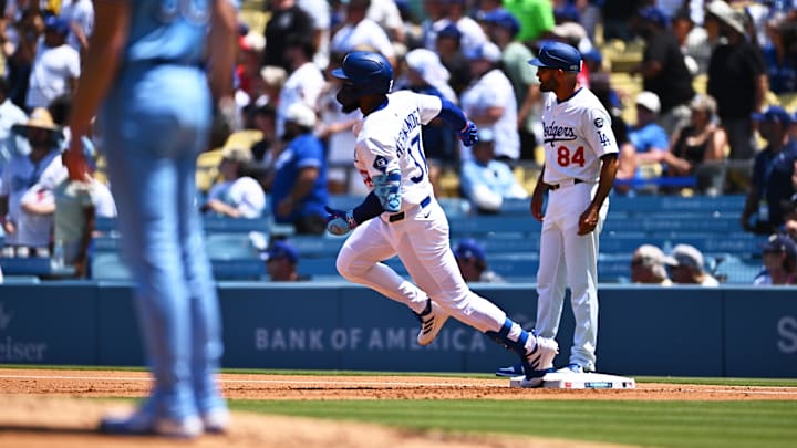 Aug 10, 2025; Los Angeles, California, USA; Los Angeles Dodgers right fielder Teoscar Hernandez (37) rounds first base on a double during the first inning against the Toronto Blue Jays at Dodger Stadium. Mandatory Credit: Jonathan Hui-Imagn Images