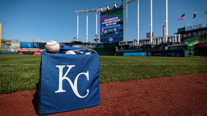 Apr 7, 2024; Kansas City, Missouri, USA; Kansas City Royals ball bag on the field prior to the game against the Chicago White Sox at Kauffman Stadium. Mandatory Credit: William Purnell-Imagn Images