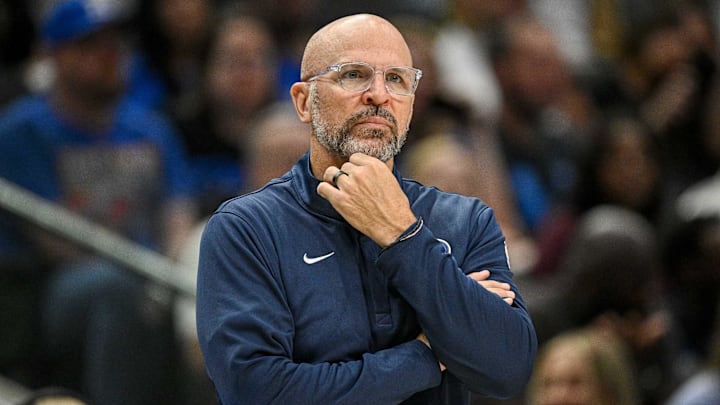 Mar 21, 2026; Dallas, Texas, USA; Dallas Mavericks head coach Jason Kidd looks on during the second quarter against the LA Clippers at the American Airlines Center. Mandatory Credit: Jerome Miron-Imagn Images