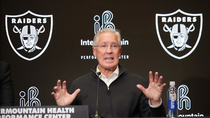 Jan 27, 2025; Las Vegas, NV, USA; Las Vegas Raiders coach Pete Carroll at press conference at Intermountain Health Performance Center. Mandatory Credit: Kirby Lee-Imagn Images Jan 27, 2025; Las Vegas, NV, USA; Las Vegas Raiders coach Pete Carroll at press conference at Intermountain Health Performance Center. Mandatory Credit: Kirby Lee-Imagn Images