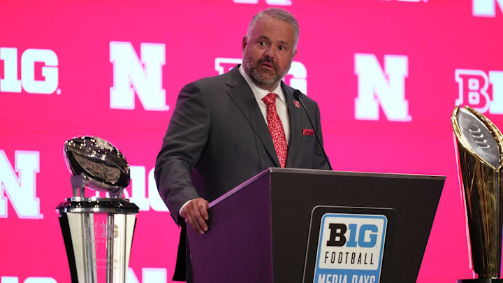 Jul 22, 2025; Las Vegas, NV, USA; Nebraska head coach Matt Rhule speaks to the media during the Big Ten NCAA college football media days at Mandalay Bay Resort. Mandatory Credit: Lucas Peltier-Imagn Images