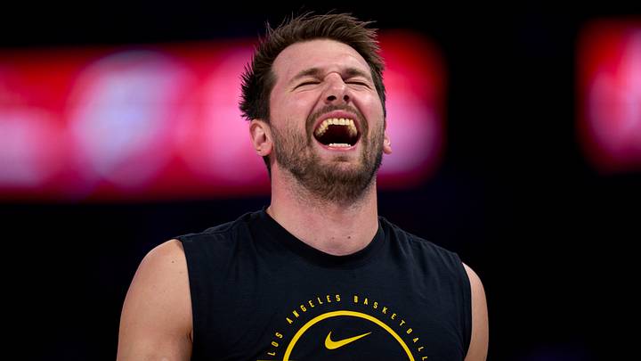 OKLAHOMA CITY, OKLAHOMA - APRIL 02: Luka Doncic #77 of the Los Angeles Lakers warms up before tipoff. (Photo by Cooper Neill/Getty Images)