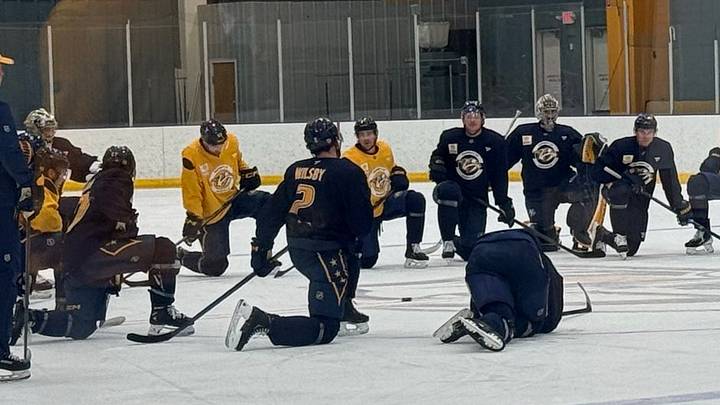 The Nashville Predators huddle up at the end of practice The Nashville Predators huddle up at the end of practice