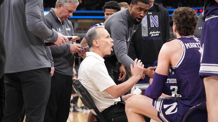 Mar 12, 2026; Chicago, IL, USA; Northwestern Wildcats head coach Chris Collins talks with his team against the Purdue Boilermakers during the first half at United Center. Mandatory Credit: David Banks-Imagn Images Mar 12, 2026; Chicago, IL, USA; Northwestern Wildcats head coach Chris Collins talks with his team against the Purdue Boilermakers during the first half at United Center. Mandatory Credit: David Banks-Imagn Images