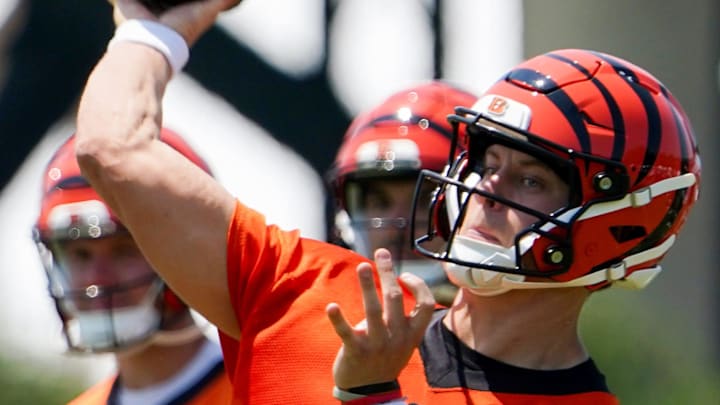Cincinnati Bengals quarterback Joe Burrow throws a pass during a scrimmage, Wednesday, June 11, 2025, at Kettering Health Practice Fields in Downtown Cincinnati.