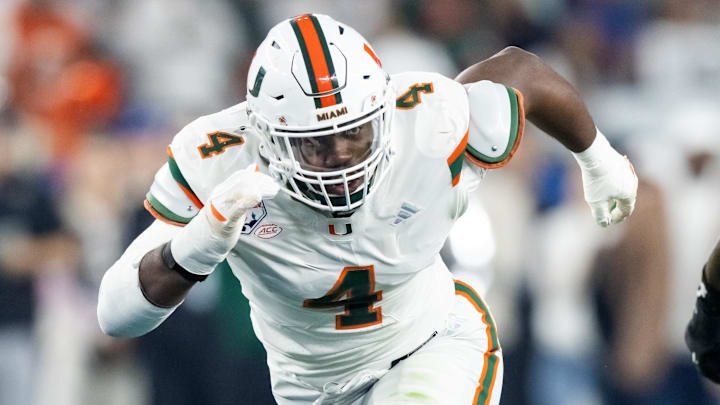 Jan 8, 2026; Glendale, AZ, USA; Miami Hurricanes defensive lineman Rueben Bain Jr. (4) against the Mississippi Rebels during the 2026 Fiesta Bowl and semifinal game of the College Football Playoff at State Farm Stadium. Mandatory Credit: Mark J. Rebilas-Imagn Images Jan 8, 2026; Glendale, AZ, USA; Miami Hurricanes defensive lineman Rueben Bain Jr. (4) against the Mississippi Rebels during the 2026 Fiesta Bowl and semifinal game of the College Football Playoff at State Farm Stadium. Mandatory Credit: Mark J. Rebilas-Imagn Images