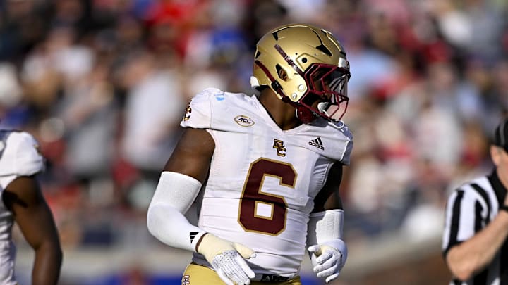 Nov 16, 2024; Dallas, Texas, USA; Boston College Eagles defensive end Donovan Ezeiruaku (6) in action during the game between the SMU Mustangs and the Boston College Eagles at Gerald J. Ford Stadium. Mandatory Credit: Jerome Miron-Imagn Images