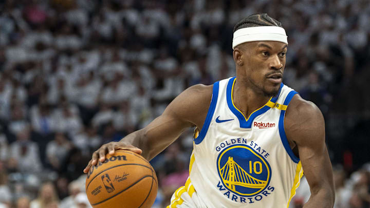 May 14, 2025; Minneapolis, Minnesota, USA; Golden State Warriors forward Jimmy Butler III (10) drives to the basket against the Minnesota Timberwolves in the second half during game five of the second round for the 2025 NBA Playoffs at Target Center. Mandatory Credit: Jesse Johnson-Imagn Images