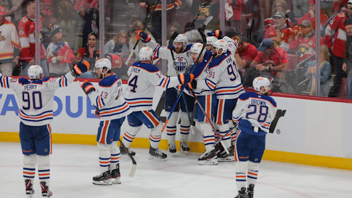 Edmonton Oilers center Leon Draisaitl celebrates scoring in overtime against the Florida Panthers.
