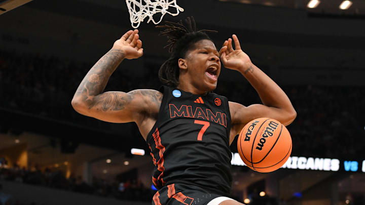 Mar 22, 2026; St. Louis, MO, USA; Miami Hurricanes forward Shelton Henderson (7) reacts after a dunk during the first half against the Purdue Boilermakers during a second round game of the men's 2026 NCAA Tournament at Enterprise Center. Mandatory Credit: Jeff Curry-Imagn Images Mar 22, 2026; St. Louis, MO, USA; Miami Hurricanes forward Shelton Henderson (7) reacts after a dunk during the first half against the Purdue Boilermakers during a second round game of the men's 2026 NCAA Tournament at Enterprise Center. Mandatory Credit: Jeff Curry-Imagn Images