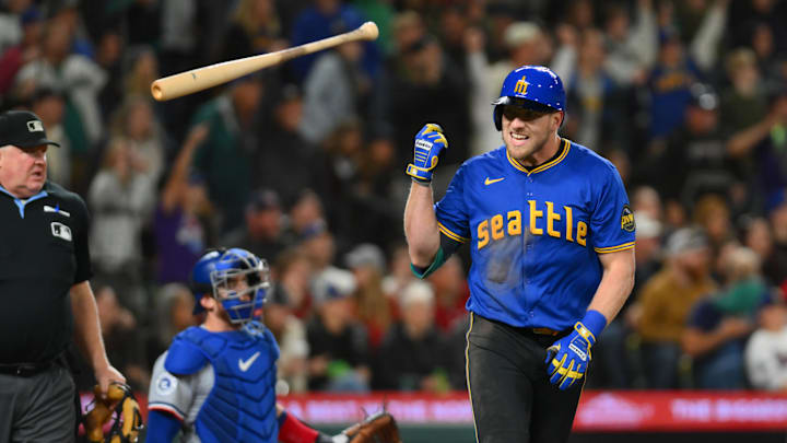 Seattle Mariners left fielder Luke Raley flips his bat after a home run during a game against the Texas Rangers on Sept. 14 at T-Mobile Park. Seattle Mariners left fielder Luke Raley flips his bat after a home run during a game against the Texas Rangers on Sept. 14 at T-Mobile Park.