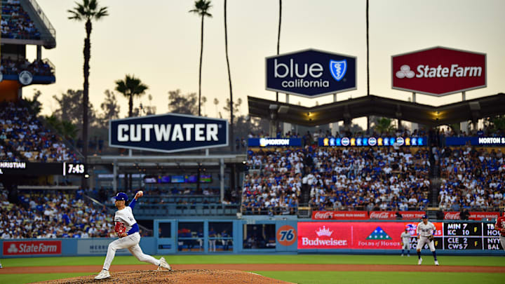 Jul 29, 2023; Los Angeles, California, USA; Los Angeles Dodgers relief pitcher Joe Kelly (17) throws against the Cincinnati Reds during the sixth inning at Dodger Stadium. Mandatory Credit: Gary A. Vasquez-Imagn Images