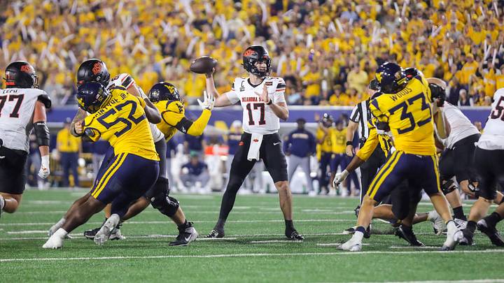 Sep 26, 2026; Morgantown, West Virginia, USA;  Oklahoma State Cowboys quarterback Drew Mestemaker (17) throws a pass during the fourth quarter against the West Virginia Mountaineers at Milan Puskar Stadium.  Mandatory Credit: Ben Queen-Imagn Images
