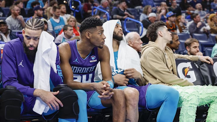 Feb 2, 2024; Oklahoma City, Oklahoma, USA; Charlotte Hornets bench watch their team play against the Oklahoma City Thunder during the second half at Paycom Center. Feb 2, 2024; Oklahoma City, Oklahoma, USA; Charlotte Hornets bench watch their team play against the Oklahoma City Thunder during the second half at Paycom Center.