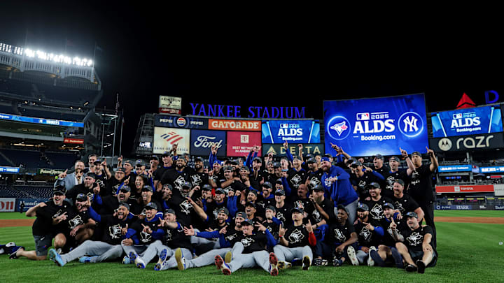 Oct 8, 2025; Bronx, New York, USA; The Toronto Blue Jays celebrate after beating the New York Yankees to win the ALDS round for the 2025 MLB playoffs at Yankee Stadium. Mandatory Credit: Vincent Carchietta-Imagn Images