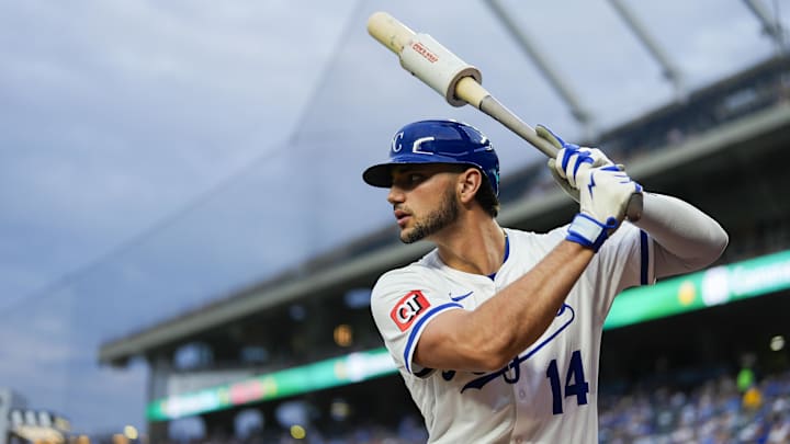 Kansas City Royals designated hitter Jac Caglianone (14) gets ready to bat
