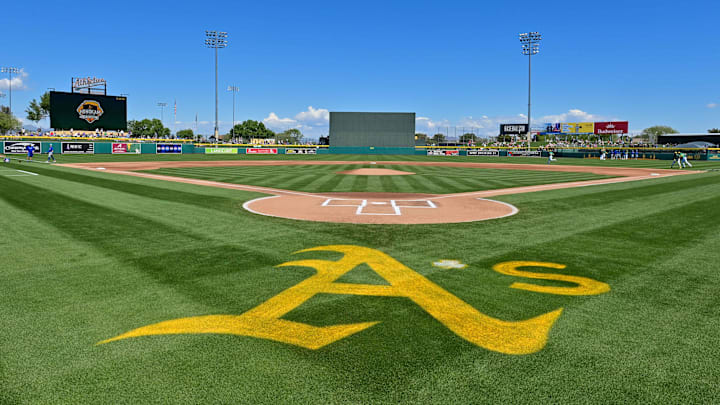 Mar 20, 2024; Mesa, Arizona, USA;  General view of the field prior to a spring training game between the Oakland Athletics and Chicago Cubs at Hohokam Stadium. Mandatory Credit: Matt Kartozian-Imagn Images