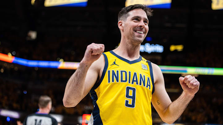 Apr 26, 2024; Indianapolis, Indiana, USA; Indiana Pacers guard T.J. McConnell (9) celebrates the win after game three of the first round for the 2024 NBA playoffs against the Milwaukee Bucks at Gainbridge Fieldhouse. Mandatory Credit: Trevor Ruszkowski-Imagn Images