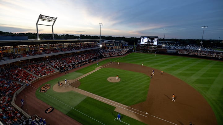 Jun 2, 2024; Stillwater, OK, USA; The sun sets over a Oklahoma State NCAA regional baseball game at O'Brate Stadium against Florida. Mandatory Credit: Mitch Alcala-The Oklahoman