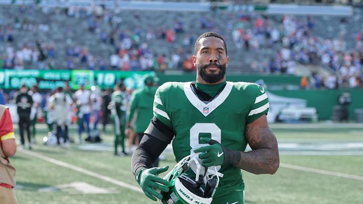 Sep 14, 2025; East Rutherford, New Jersey, USA; New York Jets safety Andre Cisco (8) after the game against the Buffalo Bills at MetLife Stadium. Mandatory Credit: Vincent Carchietta-Imagn Images