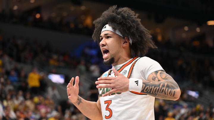 Mar 20, 2026; St. Louis, MO, USA; Miami (FL) Hurricanes guard Tre Donaldson (3) reacts before the game to start against the Missouri Tigers during a first round game of the men's 2026 NCAA Tournament at Enterprise Center. Mandatory Credit: Jeff Curry-Imagn Images Mar 20, 2026; St. Louis, MO, USA; Miami (FL) Hurricanes guard Tre Donaldson (3) reacts before the game to start against the Missouri Tigers during a first round game of the men's 2026 NCAA Tournament at Enterprise Center. Mandatory Credit: Jeff Curry-Imagn Images