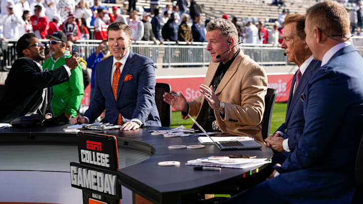 The ESPN College Gameday crew, from left, Desmond Howard, Rece Davis, Pat McAfee, Nick Saban and Kirk Herbstreit, prepares to broadcast from the field prior to the NCAA football game between the Penn State Nittany Lions and the Ohio State Buckeyes at Beaver Stadium in University Park, Pa. on Saturday, Nov. 2, 2024.