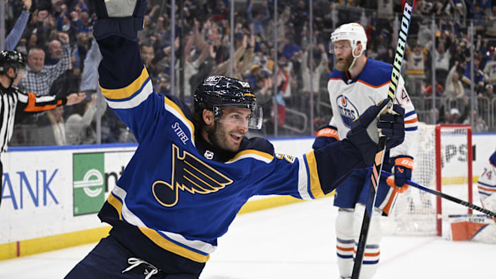 Apr 1, 2024; St. Louis, Missouri, USA; St. Louis Blues left wing Brandon Saad (20) reacts after scoring the game winning goal against the Edmonton Oilers in overtime at Enterprise Center. Mandatory Credit: Jeff Le-Imagn Images