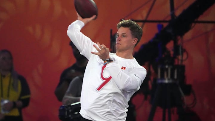 Jan 30, 2025; Orlando, FL, USA; AFC quarterback Joe Burrow of the Cincinnati Bengals throws the ball during the Passing the Test event at the Pro Bowl Skills Challenge at Nicholson Fieldhouse. Mandatory Credit: Kirby Lee-Imagn Images Jan 30, 2025; Orlando, FL, USA; AFC quarterback Joe Burrow of the Cincinnati Bengals throws the ball during the Passing the Test event at the Pro Bowl Skills Challenge at Nicholson Fieldhouse. Mandatory Credit: Kirby Lee-Imagn Images