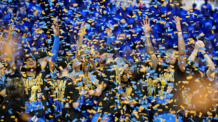 Jun 22, 2025; Oklahoma City, Oklahoma, USA; The Oklahoma City Thunder celebrate after winning game seven of the 2025 NBA Finals against the Indiana Pacers at Paycom Center. Mandatory Credit: Kyle Terada-Imagn Images
