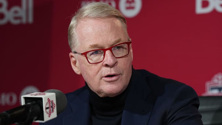 Jan 15, 2025; Toronto, Ontario, CAN; MLSE President and CEO Keith Pelley speaks to the media during the press conference at BMO Training Ground. Mandatory Credit: Nick Turchiaro-Imagn Images