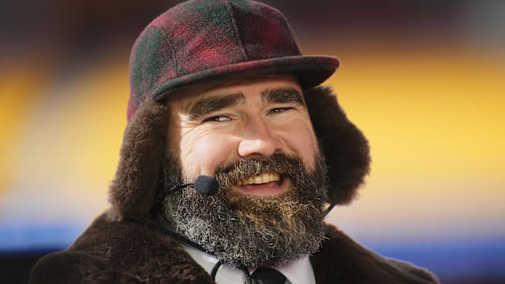 Jan 18, 2025; Kansas City, Missouri, USA; Philadelphia Eagles former player and ESPN commentator Jason Kelce reacts before in a 2025 AFC divisional round game between the Kansas City Chiefs and the Houston Texans at GEHA Field at Arrowhead Stadium. Mandatory Credit: Jay Biggerstaff-Imagn Images Jan 18, 2025; Kansas City, Missouri, USA; Philadelphia Eagles former player and ESPN commentator Jason Kelce reacts before in a 2025 AFC divisional round game between the Kansas City Chiefs and the Houston Texans at GEHA Field at Arrowhead Stadium. Mandatory Credit: Jay Biggerstaff-Imagn Images