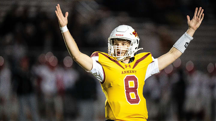 Ankeny's Luke Anderson (8) celebrates a touchdown during a playoff game against Linn-Mar on Friday, Nov. 1, 2024, at Ankeny Stadium.