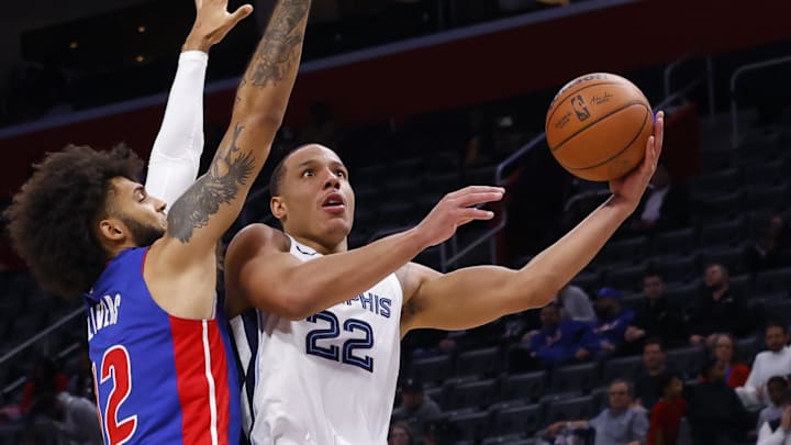 Dec 6, 2023; Detroit, Michigan, USA;  Memphis Grizzlies guard Desmond Bane (22) shoots on Detroit
