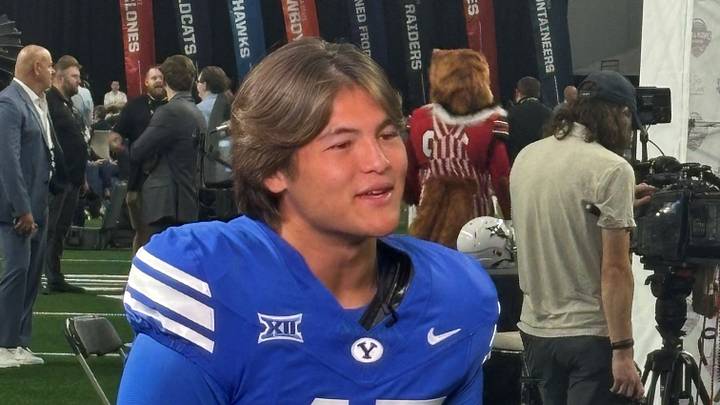 BYU quarterback Bear Bachmeier conducts an interview July 7 at Big 12 Football Media Days in Frisco, Texas. BYU quarterback Bear Bachmeier conducts an interview July 7 at Big 12 Football Media Days in Frisco, Texas.