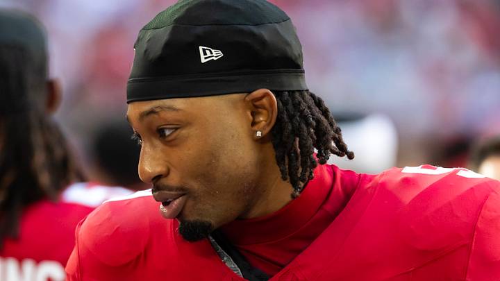 Dec 7, 2025; Glendale, Arizona, USA; Arizona Cardinals linebacker BJ Ojulari (9) against the Los Angeles Rams at State Farm Stadium. Mandatory Credit: Mark J. Rebilas-Imagn Images