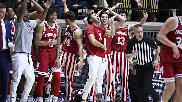 The Indiana Hoosiers bench celebrates after defeating the Purdue Boilermakers at Mackey Arena. Indiana won 79-71.