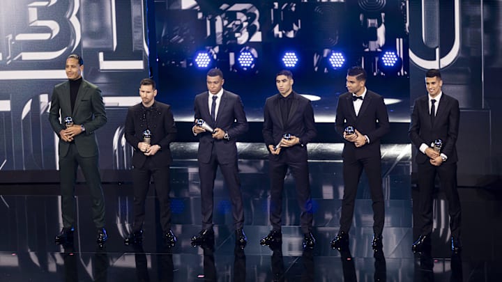 Virgil van Dijk, Lionel Messi, Kylian Mbappe, Achraf Hakimi, Casemiro and Joao Cancelo at The Best FIFA Football Awards 2022