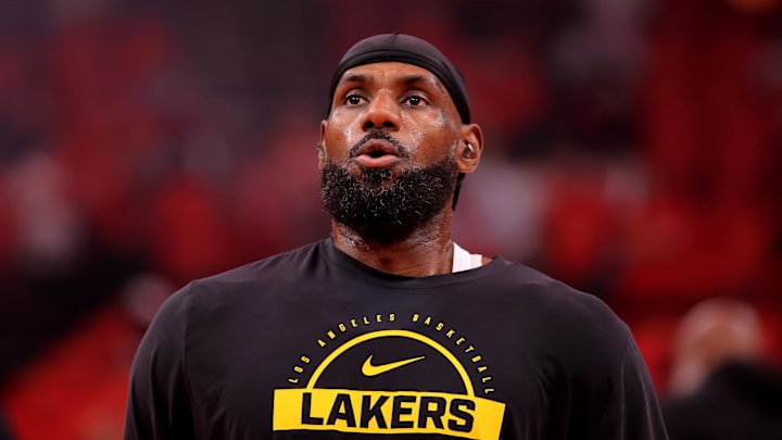 May 1, 2026; Houston, Texas, USA; Los Angeles Lakers forward Lebron James (23) warms up prior to game six of the first round of the 2026 NBA Playoffs against the Houston Rockets at Toyota Center. Mandatory Credit: Erik Williams-Imagn Images