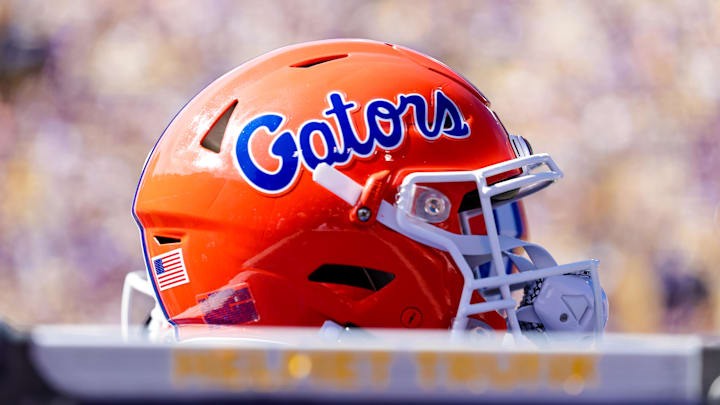Oct 16, 2021; Baton Rouge, Louisiana, USA; Florida Gators helmet on a water jug during the game