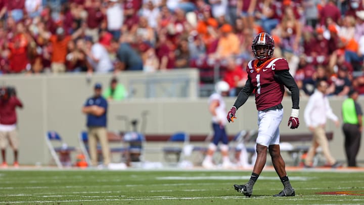 Sep 25, 2021; Blacksburg, Virginia, USA; Virginia Tech Hokies defensive back Chamarri Conner during a game against the Richmond Spiders at Lane Stadium. Mandatory Credit: Ryan Hunt-Imagn Images